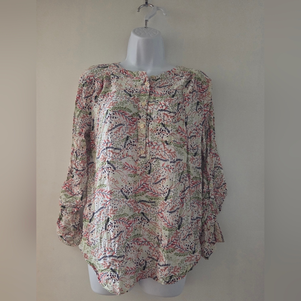 Loft Floral Print Blouse With Gathered Cuffs Size Medium
